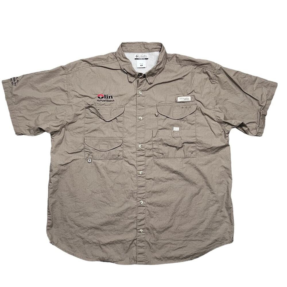 Columbia PFG Tan Cotton Utility Hiking Fishing Short Sleeve Button Shirt Mens XL